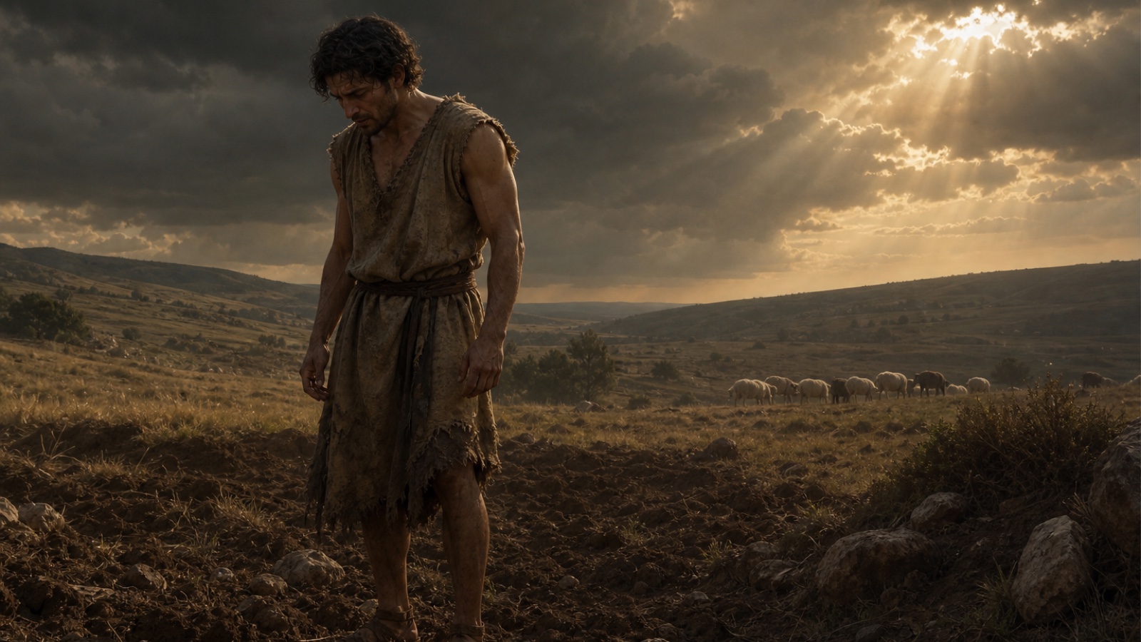 Cain standing alone in the field after Abel's murder