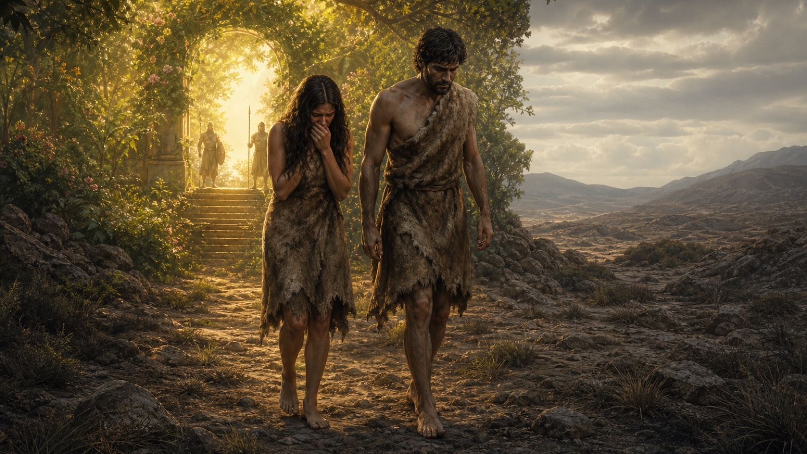 Adam and Eve leaving Eden after the fall