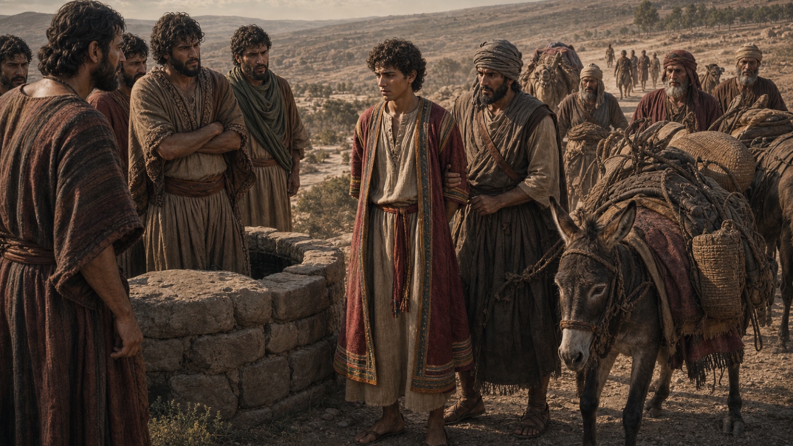 Joseph being taken toward Egypt by traders near Dothan
