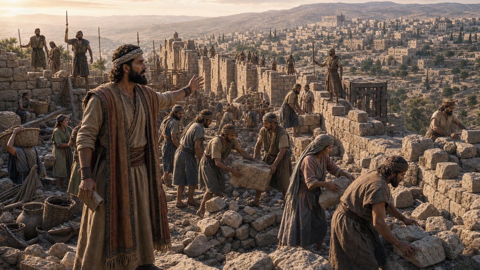 Nehemiah encouraging workers rebuilding Jerusalem's walls